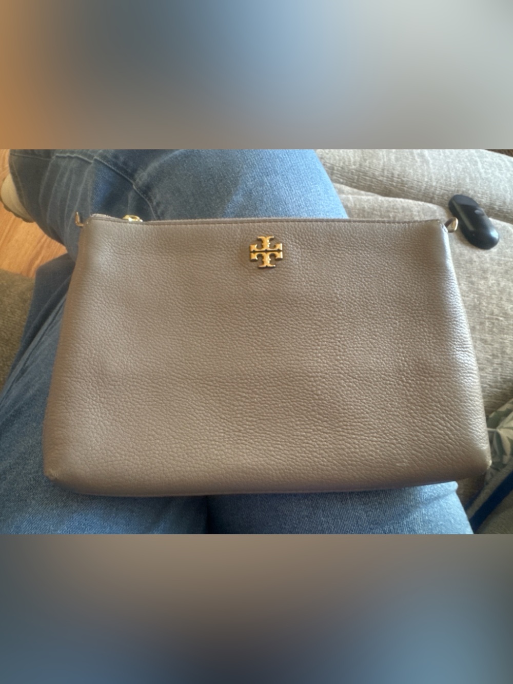 Tory Burch Taupe Leather Wristlet with Gold Logo